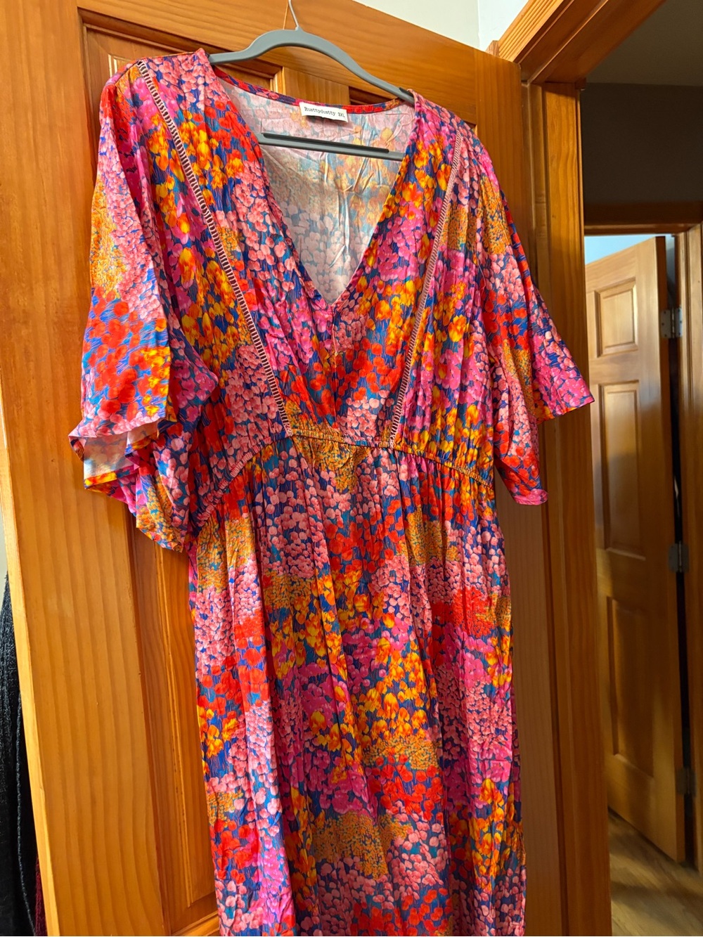 Bright Pink Floral Maxi Dress with V-Neck